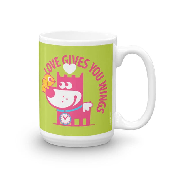 Love Gives You Wings - Good Puppy Children's Character Ceramic Mug Blue Green Hot Pink