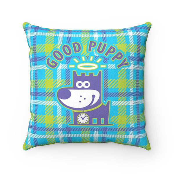 Good Puppy Plaid Green Faux Suede Square Pillow