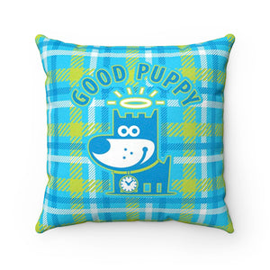 Good Puppy Plaid Green Faux Suede Square Pillow 